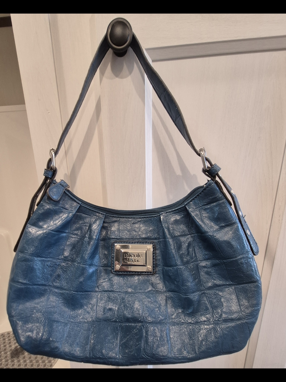 Nicole Miller Blue Croc-Embossed Leather Shoulder Bag